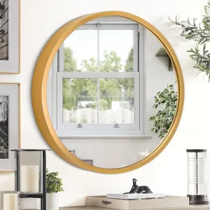 JJUUYOU 20 inches Round Wall Mirror, Gold Metal Framed Bathroom Mirror, Art Deco Style, Wall Mounted Makeup Mirror for Living Room, Bedroom, Dorm