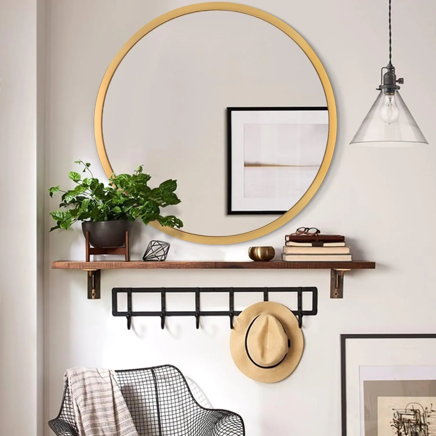 JJUUYOU 20 inches Round Wall Mirror, Gold Metal Framed Bathroom Mirror, Art Deco Style, Wall Mounted Makeup Mirror for Living Room, Bedroom, Dorm