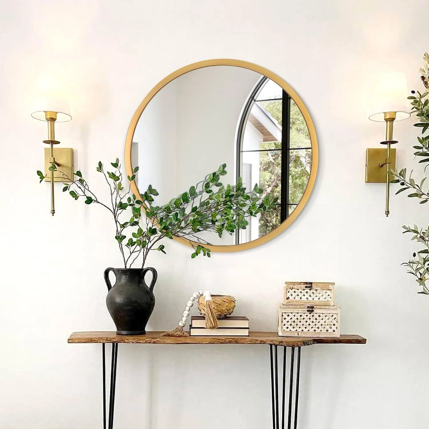 JJUUYOU 20 inches Round Wall Mirror, Gold Metal Framed Bathroom Mirror, Art Deco Style, Wall Mounted Makeup Mirror for Living Room, Bedroom, Dorm