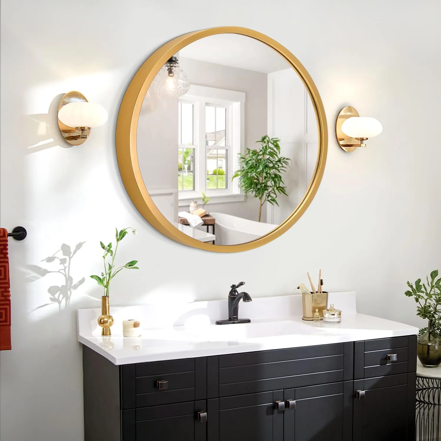 JJUUYOU 20 inches Round Wall Mirror, Gold Metal Framed Bathroom Mirror, Art Deco Style, Wall Mounted Makeup Mirror for Living Room, Bedroom, Dorm