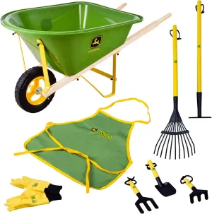 John Deere Deluxe 34" Wheelbarrow and Garden Set Includes 5 Realistic Gardening Tools,Gardening Apron, Gardening Gloves, Large Wheelbarrow, Outdoor Toy Ages 5 