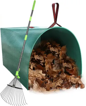 Joyhalo 63.4 Inch Rake for Leaves with 40 Gallon Dustpan-Typ Leaf Bags, Adjustable 18 Tines Metal Leaf Rake Set for Gardening Lawns Yard Outdoor Camping Shrub Grass Bush Grass Clippings