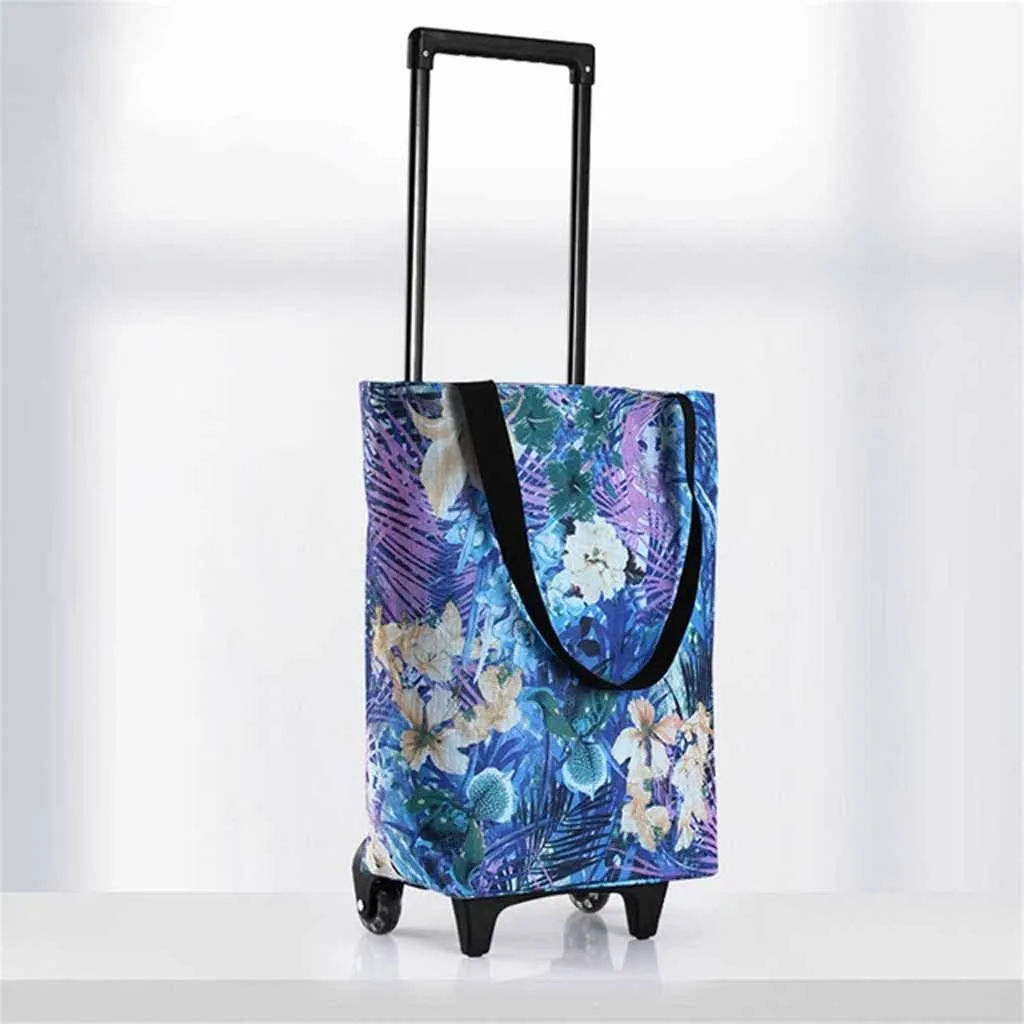 JSEIAJB Shopping Bag with Wheels Handbag Straps Folding Utility Trolley Grocery Cart Handle for Women Travel Trip Vacations Camping(D)