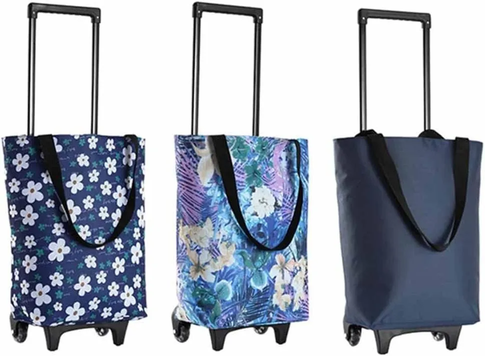JSEIAJB Shopping Bag with Wheels Handbag Straps Folding Utility Trolley Grocery Cart Handle for Women Travel Trip Vacations Camping(D)