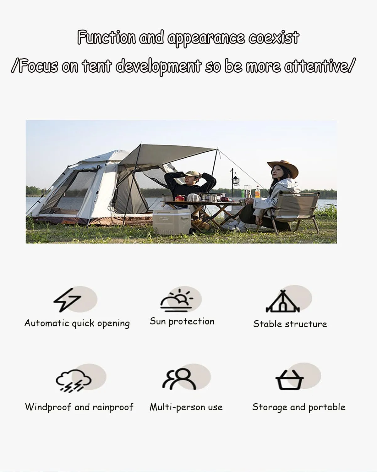 JSWHYBD Adult Automatic Pop Up Camping Tent Portable Quick Open Hiking Tent Outdoor Tent Camping Tent 5-8 Person Park Tent Camping Complete Set Indoor Tent Backpacking 240 * 240 * 155cm Ricecolor