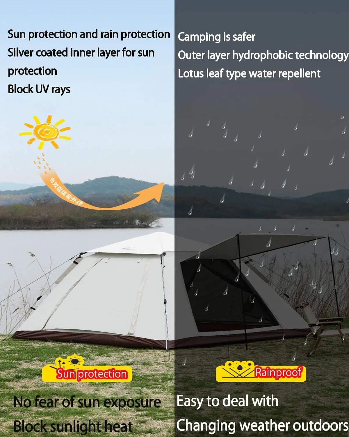 JSWHYBD Adult Automatic Pop Up Camping Tent Portable Quick Open Hiking Tent Outdoor Tent Camping Tent 5-8 Person Park Tent Camping Complete Set Indoor Tent Backpacking 240 * 240 * 155cm Ricecolor