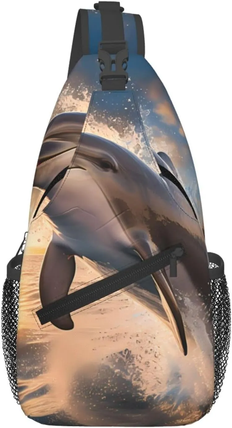 Jumping Dolphin Patterned crossbody chest bag, casual hiking shoulder bag, travel crossbody backpack for men and women