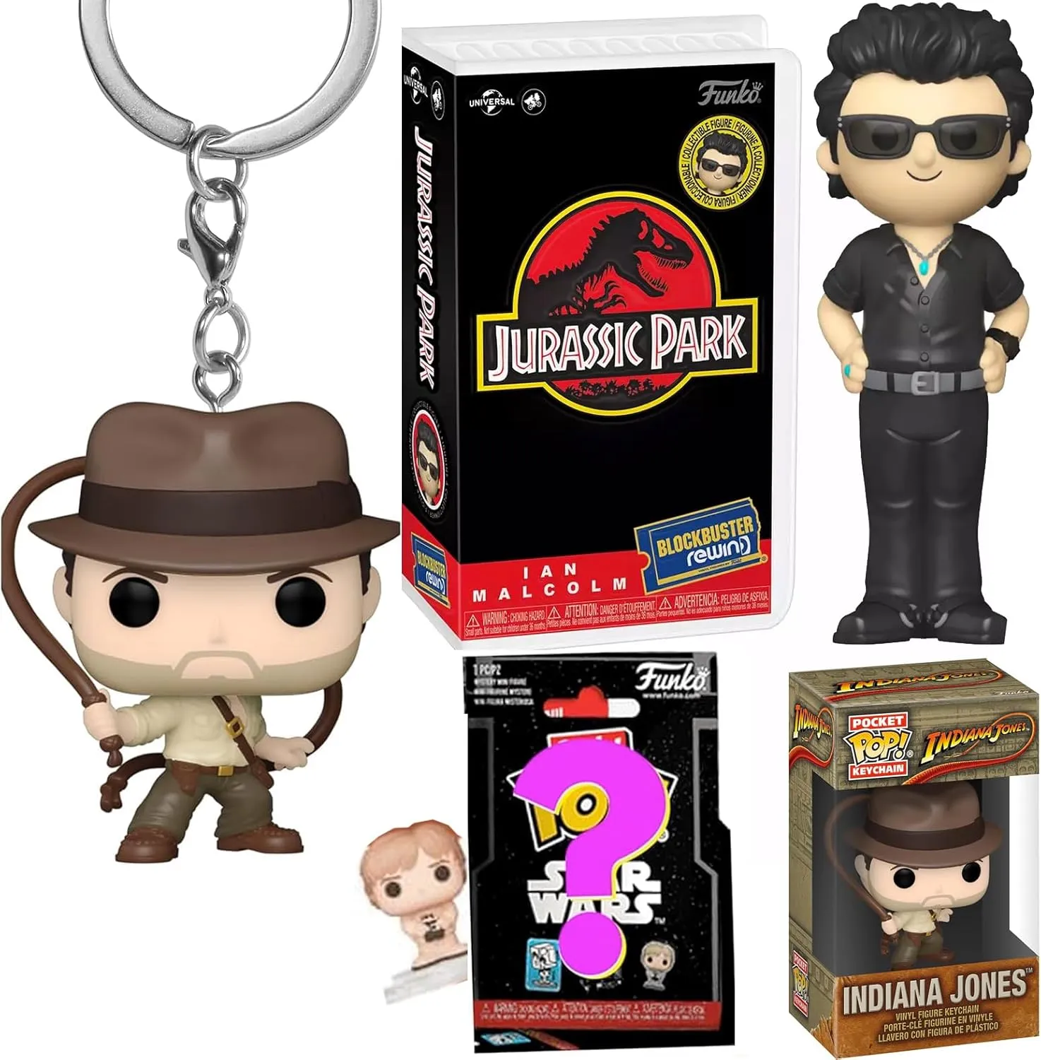 Jungle Adventure Jurassic Park Dinosaur Dr. Ian Malcolm Figure Rewind Mini Bundled with Adventure Indiana Jones Pocket Hanger Pop!   Movie Star Wars Bitty Blind Bag 3 Items