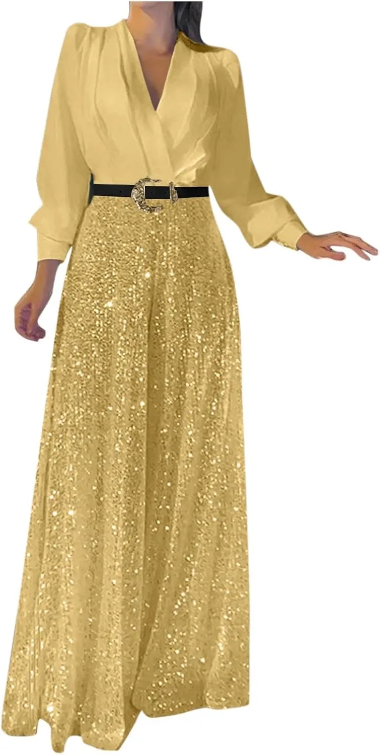 Juniors Sequin Sparkly Flare Wide Leg Loose Fit Jumpsuits Pants Unitard for Women Modest Summer Fall Pants 2025