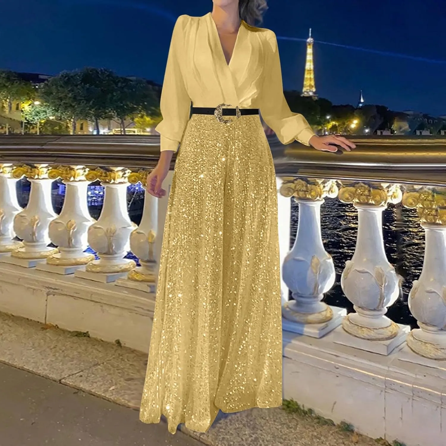 Juniors Sequin Sparkly Flare Wide Leg Loose Fit Jumpsuits Pants Unitard for Women Modest Summer Fall Pants 2025