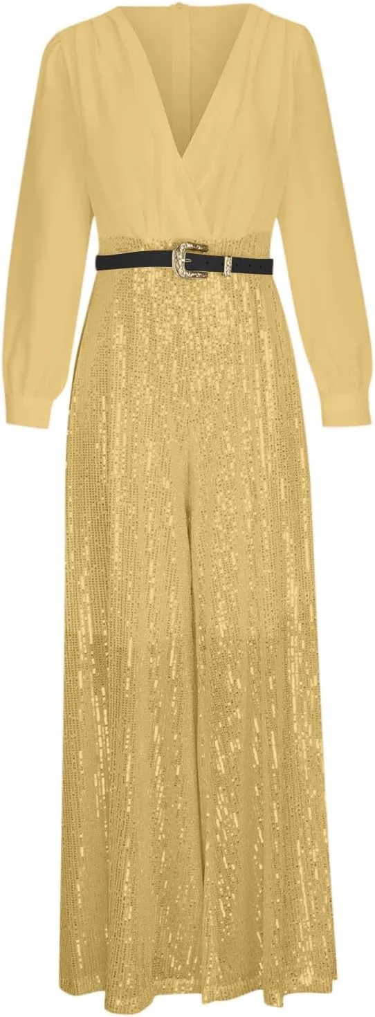 Juniors Sequin Sparkly Flare Wide Leg Loose Fit Jumpsuits Pants Unitard for Women Modest Summer Fall Pants 2025
