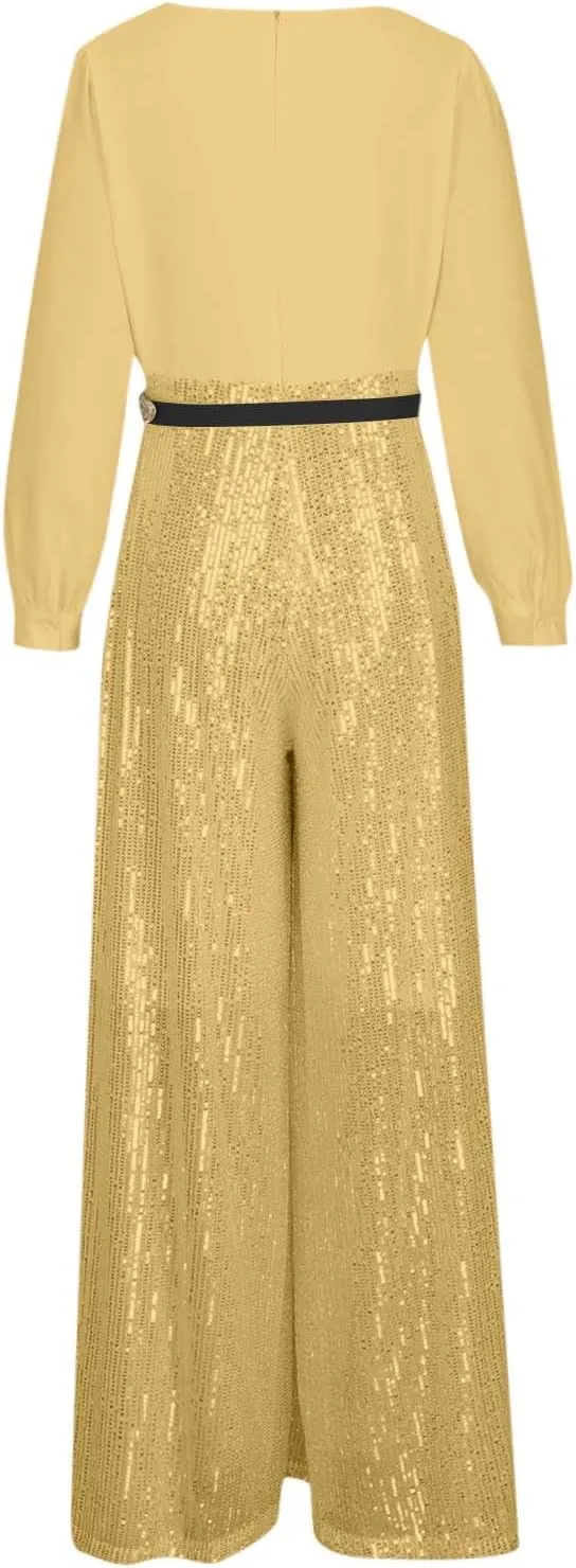 Juniors Sequin Sparkly Flare Wide Leg Loose Fit Jumpsuits Pants Unitard for Women Modest Summer Fall Pants 2025