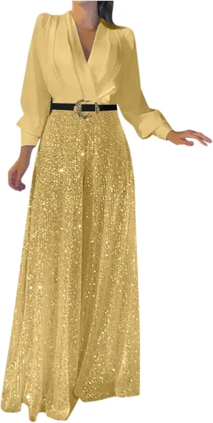 Juniors Sequin Sparkly Flare Wide Leg Loose Fit Jumpsuits Pants Unitard for Women Modest Summer Fall Pants 2025