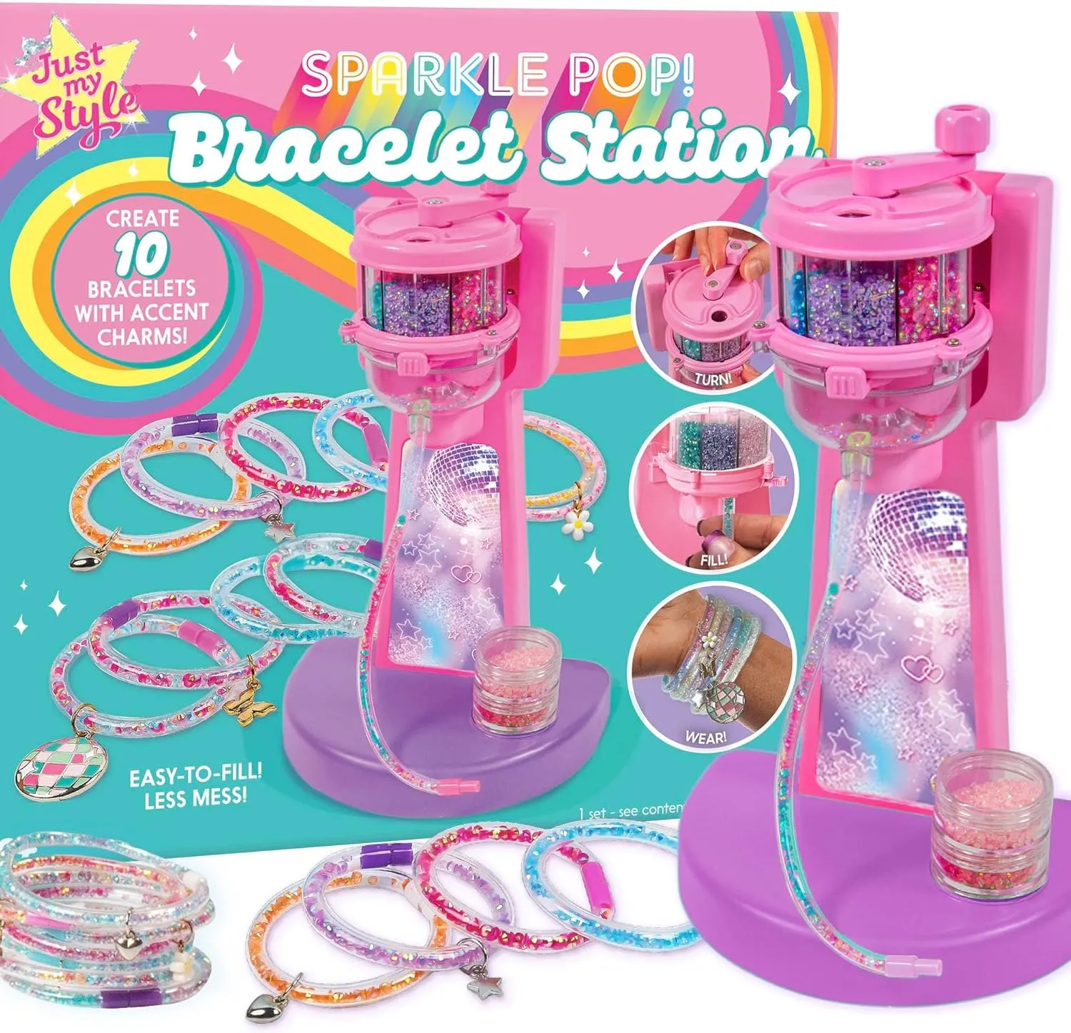 Just My Style Sparkle Pop Bracelet Maker, Make 10 Glitter Jelly Bracelets, Soft Glitter Filled Jelly Bangles, Bracelet Making Kit with Charms, Beads, Rhinestones, 90s Jewelry, Y2K Accessories