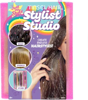 Just My Style Tinsel Hair Stylist Studio, Fairy Hair Tinsel Kit, 9 Colorful Tinsel Strands & Hair Beading Tool, Hair Extensions for Kids, Fun Hair Accessories for Teens, Great Gifts for Preteens