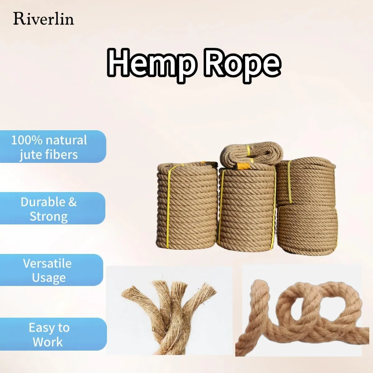 Jute Rope(4/5inchX100ft) Twisted Hemp Rope for Crafts， Landscaping, Home Décor, Tug of War Ropes，Swing，and Gardening, Strong, and Durable