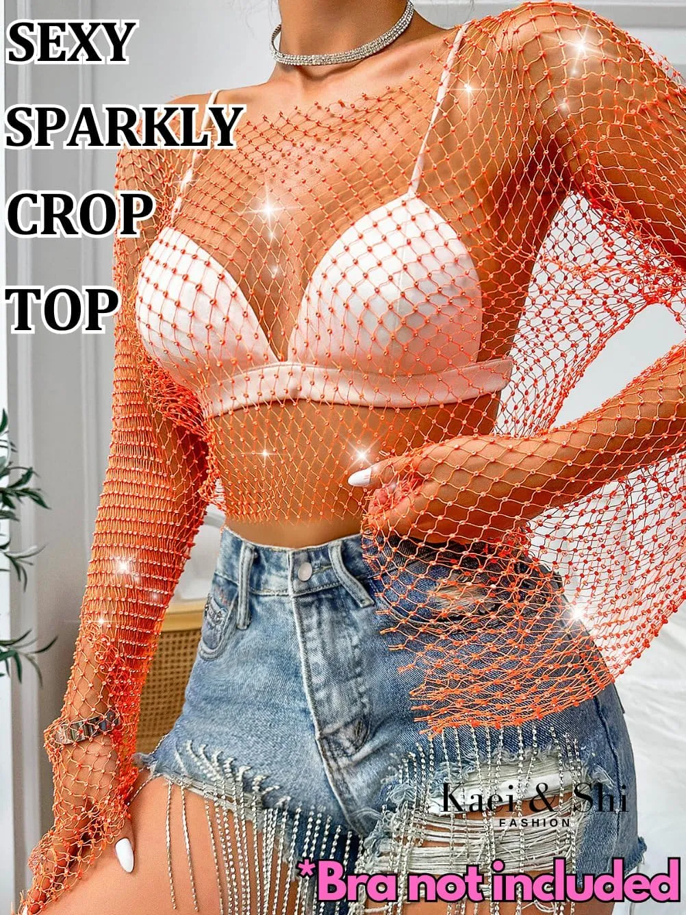 Kaei&Shi Rhinestone Mesh Crop Top,Glitter Sparkly Sexy Sheer Tops for Women,Long Sleeve Fishnet Shirt Rave Festival Concert