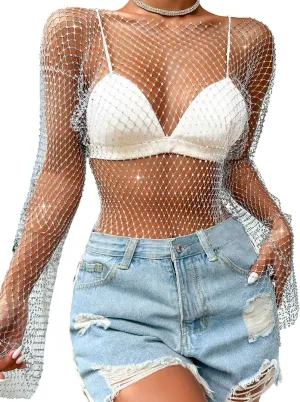 Kaei&Shi Rhinestone Mesh Crop Top,Glitter Sparkly Sexy Sheer Tops for Women,Long Sleeve Fishnet Shirt Rave Festival Concert