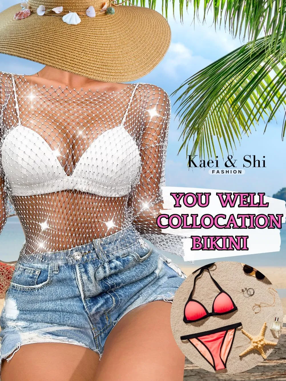 Kaei&Shi Rhinestone Mesh Crop Top,Glitter Sparkly Sexy Sheer Tops for Women,Long Sleeve Fishnet Shirt Rave Festival Concert