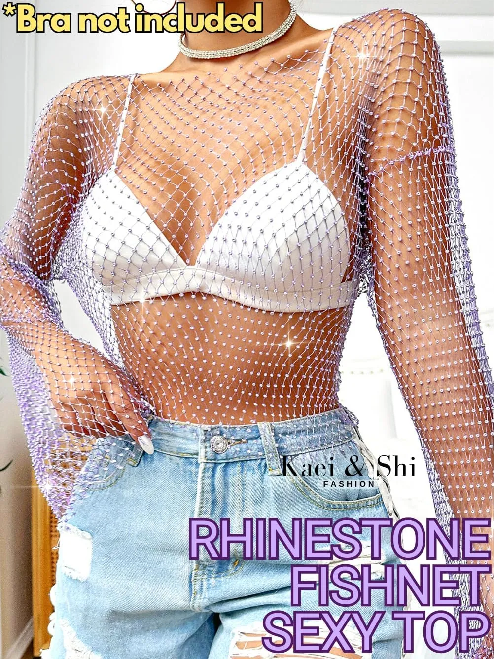 Kaei&Shi Rhinestone Mesh Crop Top,Glitter Sparkly Sexy Sheer Tops for Women,Long Sleeve Fishnet Shirt Rave Festival Concert
