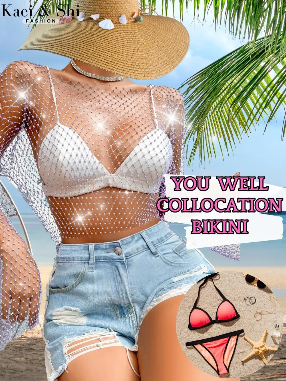 Kaei&Shi Rhinestone Mesh Crop Top,Glitter Sparkly Sexy Sheer Tops for Women,Long Sleeve Fishnet Shirt Rave Festival Concert