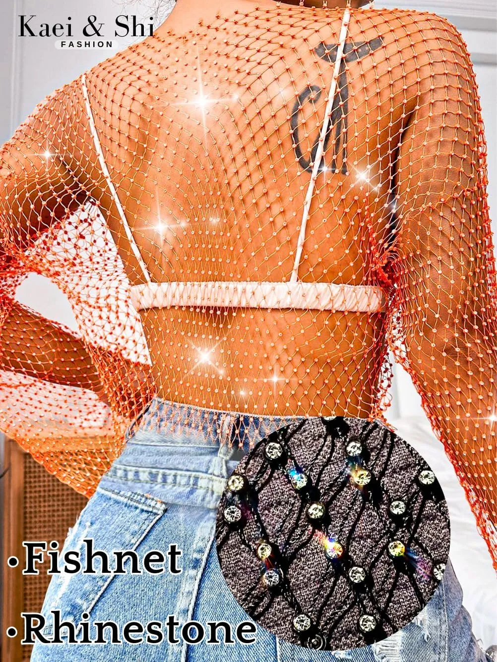 Kaei&Shi Rhinestone Mesh Crop Top,Glitter Sparkly Sexy Sheer Tops for Women,Long Sleeve Fishnet Shirt Rave Festival Concert