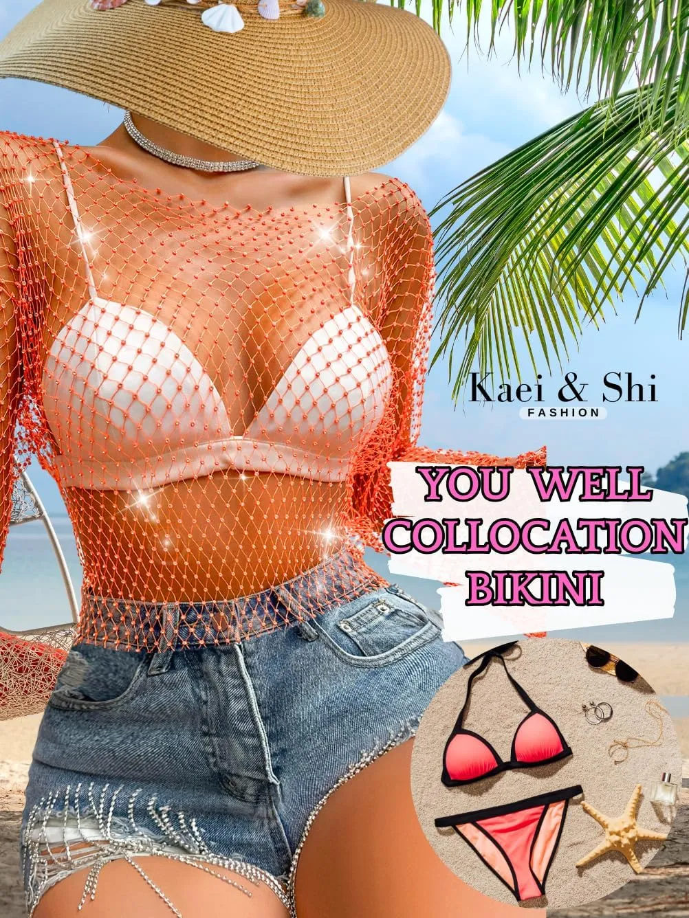 Kaei&Shi Rhinestone Mesh Crop Top,Glitter Sparkly Sexy Sheer Tops for Women,Long Sleeve Fishnet Shirt Rave Festival Concert