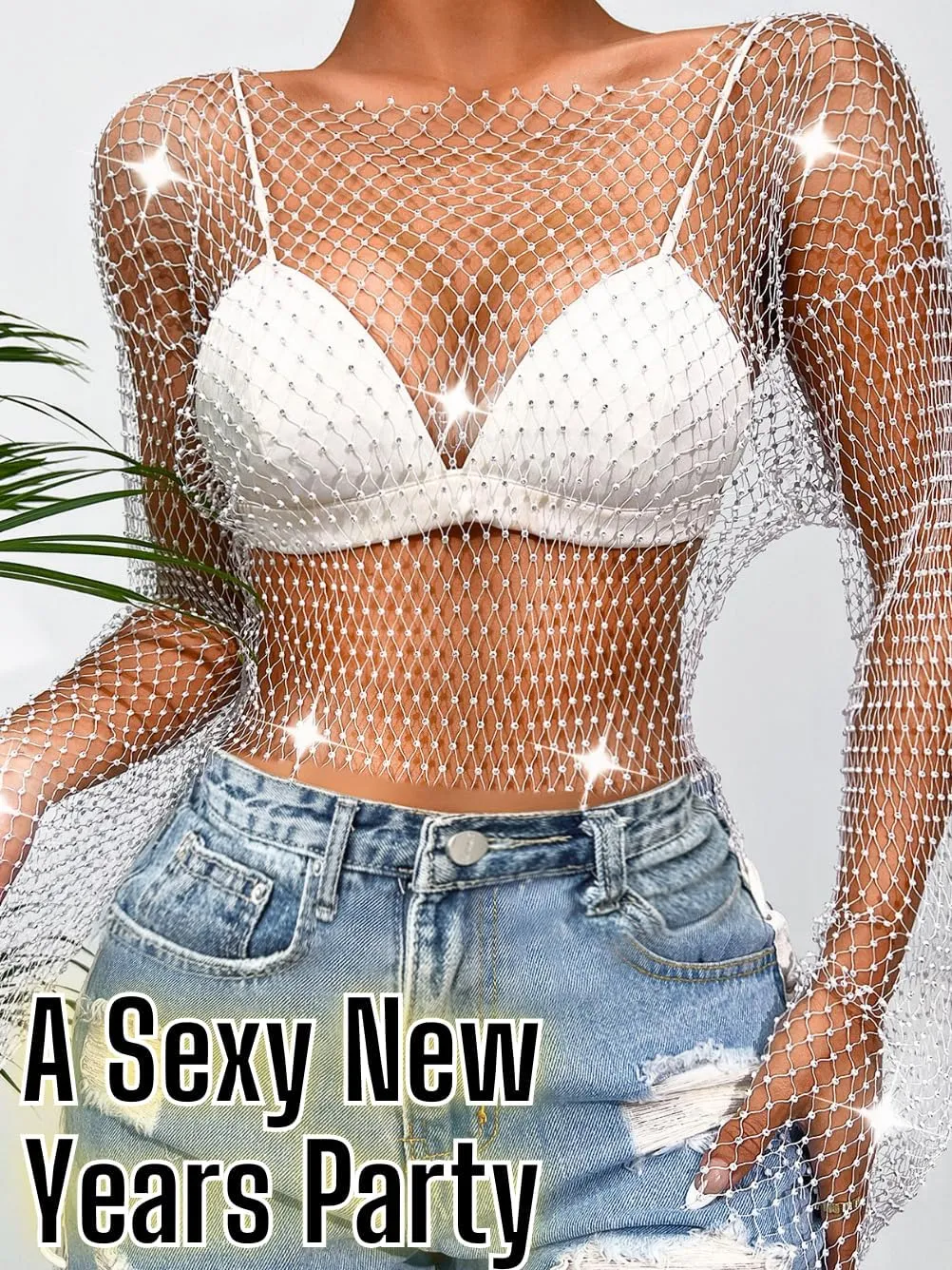 Kaei&Shi Rhinestone Mesh Crop Top,Glitter Sparkly Sexy Sheer Tops for Women,Long Sleeve Fishnet Shirt Rave Festival Concert