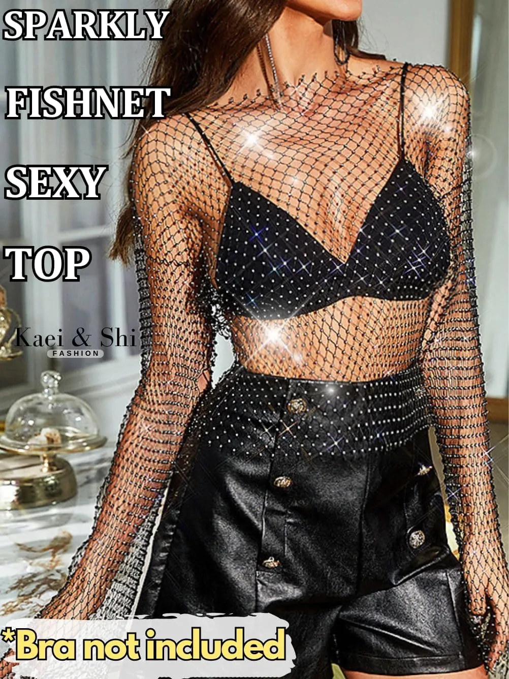 Kaei&Shi Rhinestone Mesh Crop Top,Glitter Sparkly Sexy Sheer Tops for Women,Long Sleeve Fishnet Shirt Rave Festival Concert