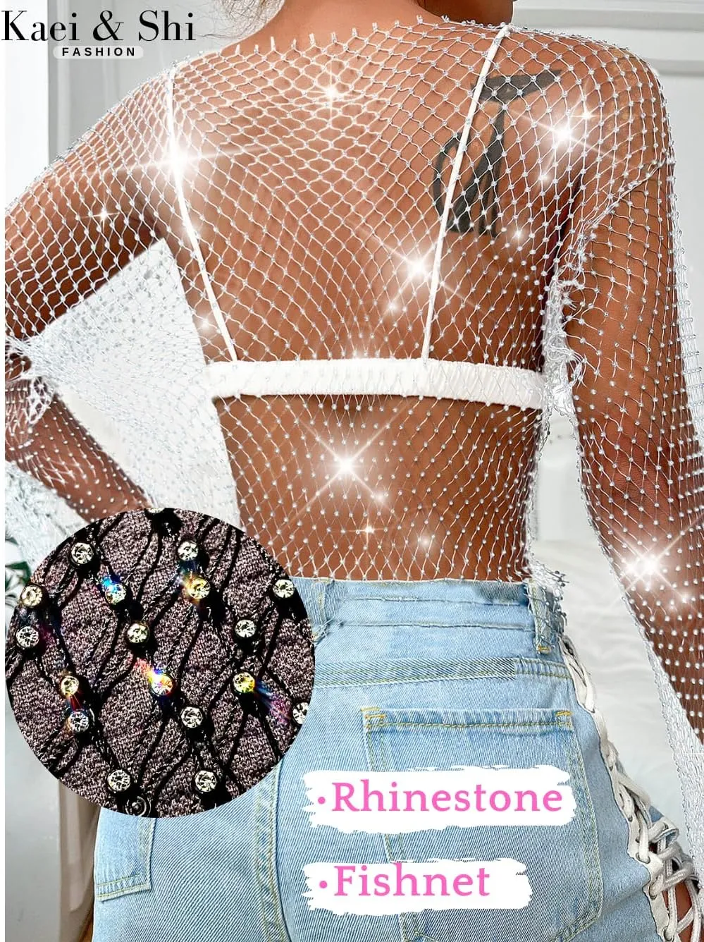 Kaei&Shi Rhinestone Mesh Crop Top,Glitter Sparkly Sexy Sheer Tops for Women,Long Sleeve Fishnet Shirt Rave Festival Concert