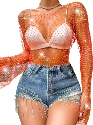 Kaei&Shi Rhinestone Mesh Crop Top,Glitter Sparkly Sexy Sheer Tops for Women,Long Sleeve Fishnet Shirt Rave Festival Concert