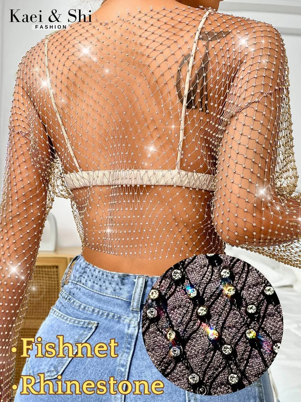 Kaei&Shi Rhinestone Mesh Crop Top,Glitter Sparkly Sexy Sheer Tops for Women,Long Sleeve Fishnet Shirt Rave Festival Concert