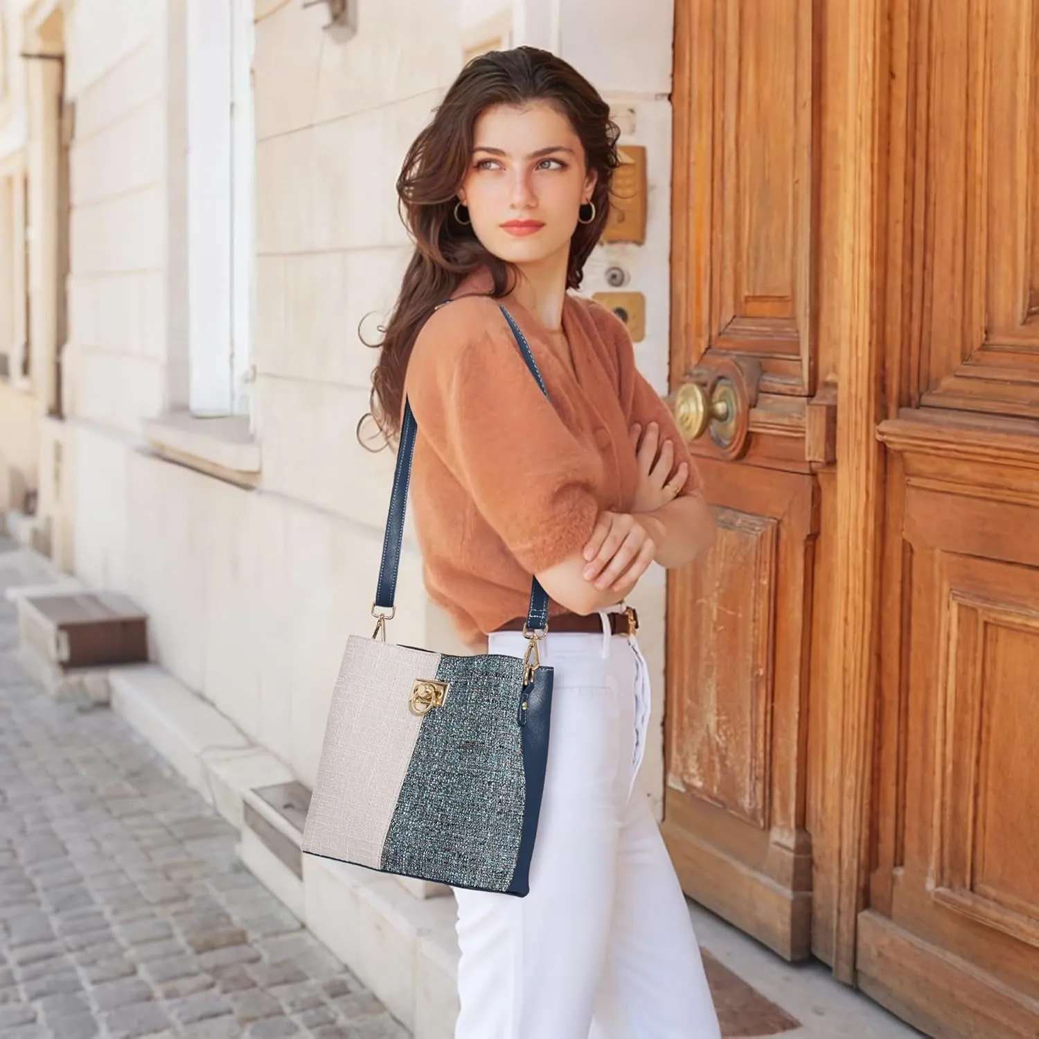 KALIDI Crossbody Purses for Women Vegan Leather Bucket Bag Fashion Ladies Crossbody Handbag Shoulder Purse with Multi Pockets