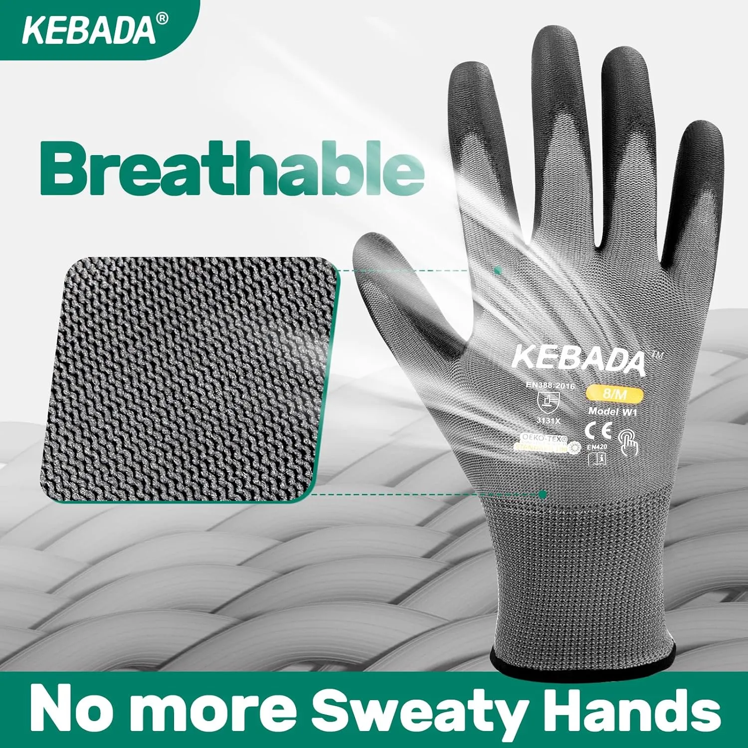 Kebada W1 Work Gloves for Men and Women, PU Coated Safety Gloves with Grip, Touchscreen, Ideal for Warehouse Package Handling, Construction, Gardening, Gray Large