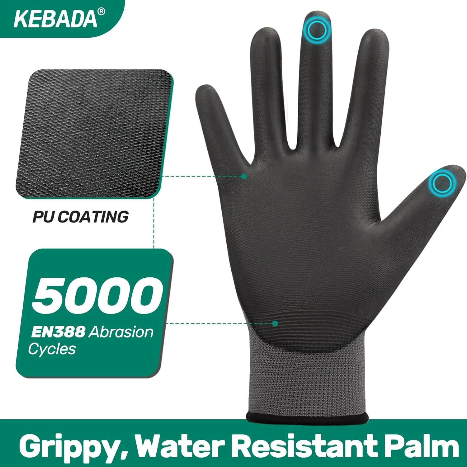 Kebada W1 Work Gloves for Men and Women, PU Coated Safety Gloves with Grip, Touchscreen, Ideal for Warehouse Package Handling, Construction, Gardening, Gray Large