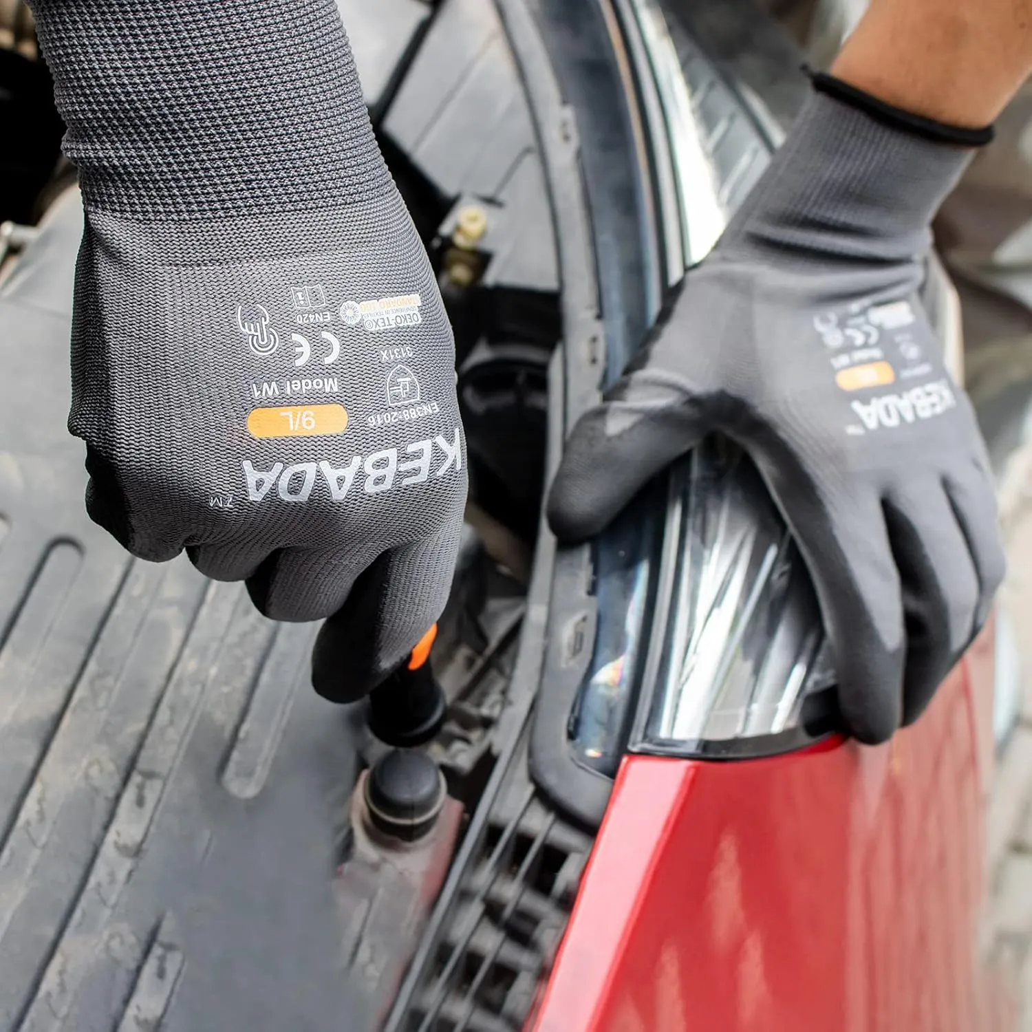 Kebada W1 Work Gloves for Men and Women, PU Coated Safety Gloves with Grip, Touchscreen, Ideal for Warehouse Package Handling, Construction, Gardening, Gray Large