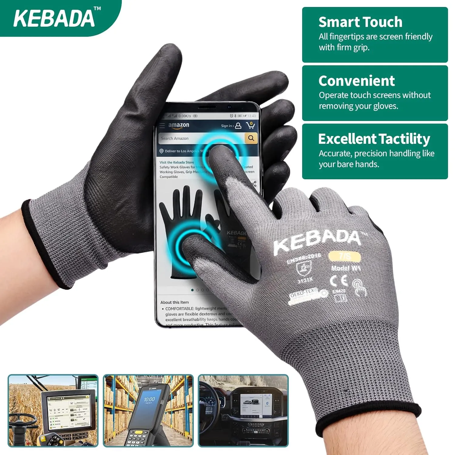 Kebada W1 Work Gloves for Men and Women, PU Coated Safety Gloves with Grip, Touchscreen, Ideal for Warehouse Package Handling, Construction, Gardening, Gray Large