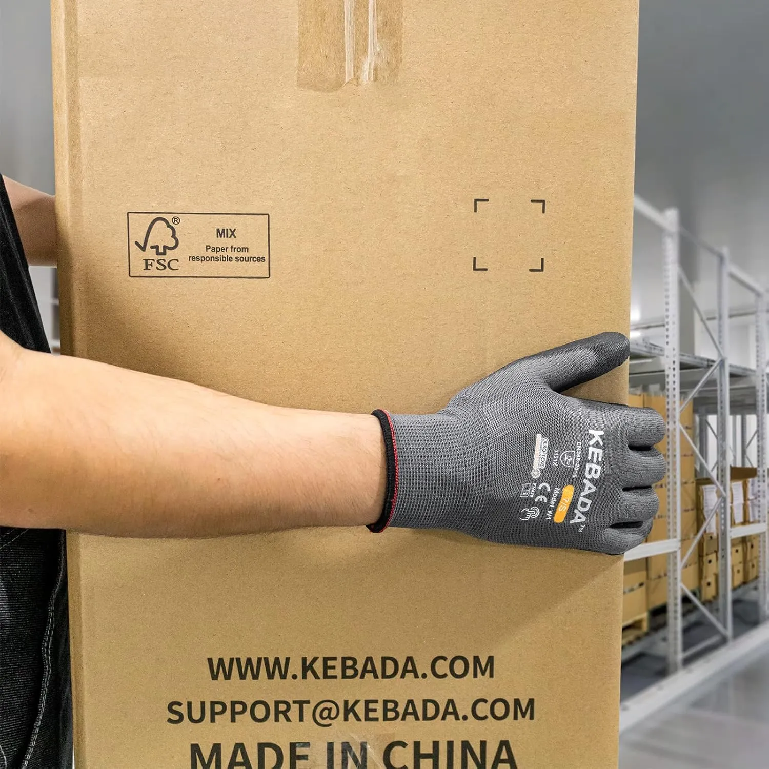 Kebada W1 Work Gloves for Men and Women, PU Coated Safety Gloves with Grip, Touchscreen, Ideal for Warehouse Package Handling, Construction, Gardening, Gray Large