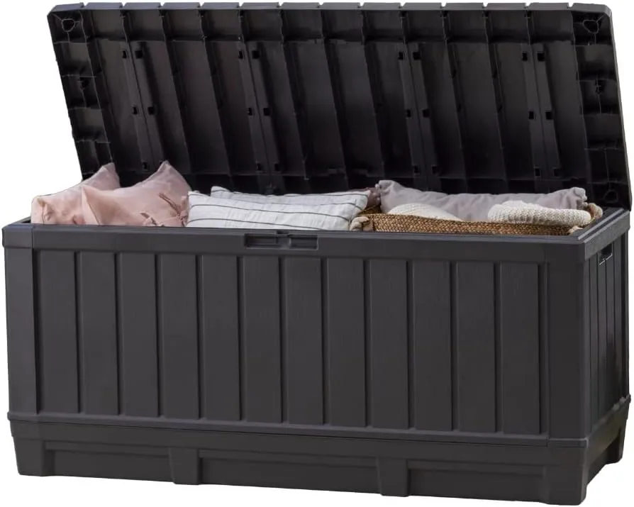 Keter Kentwood 92 Gallon Resin Deck Box-Organization and Storage for Patio Furniture Outdoor Cushions, Throw Pillows, Garden Tools and Pool Floats, Dark Grey