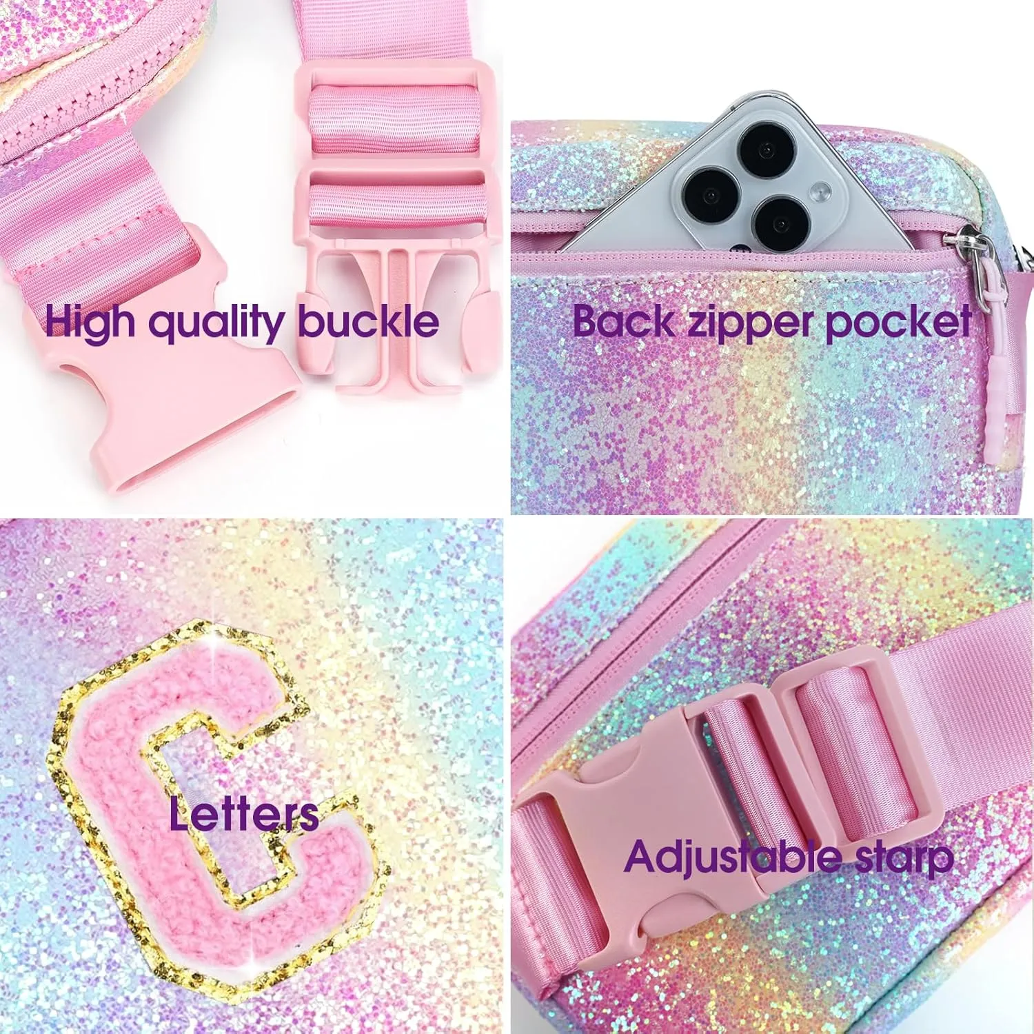 Kids Fanny Pack Glitter Waist Pack Initial Crossbody Bag Belt Bag for Girls Gifts Sparkly Cute Purse Rainbow C