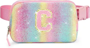 Kids Fanny Pack Glitter Waist Pack Initial Crossbody Bag Belt Bag for Girls Gifts Sparkly Cute Purse Rainbow C