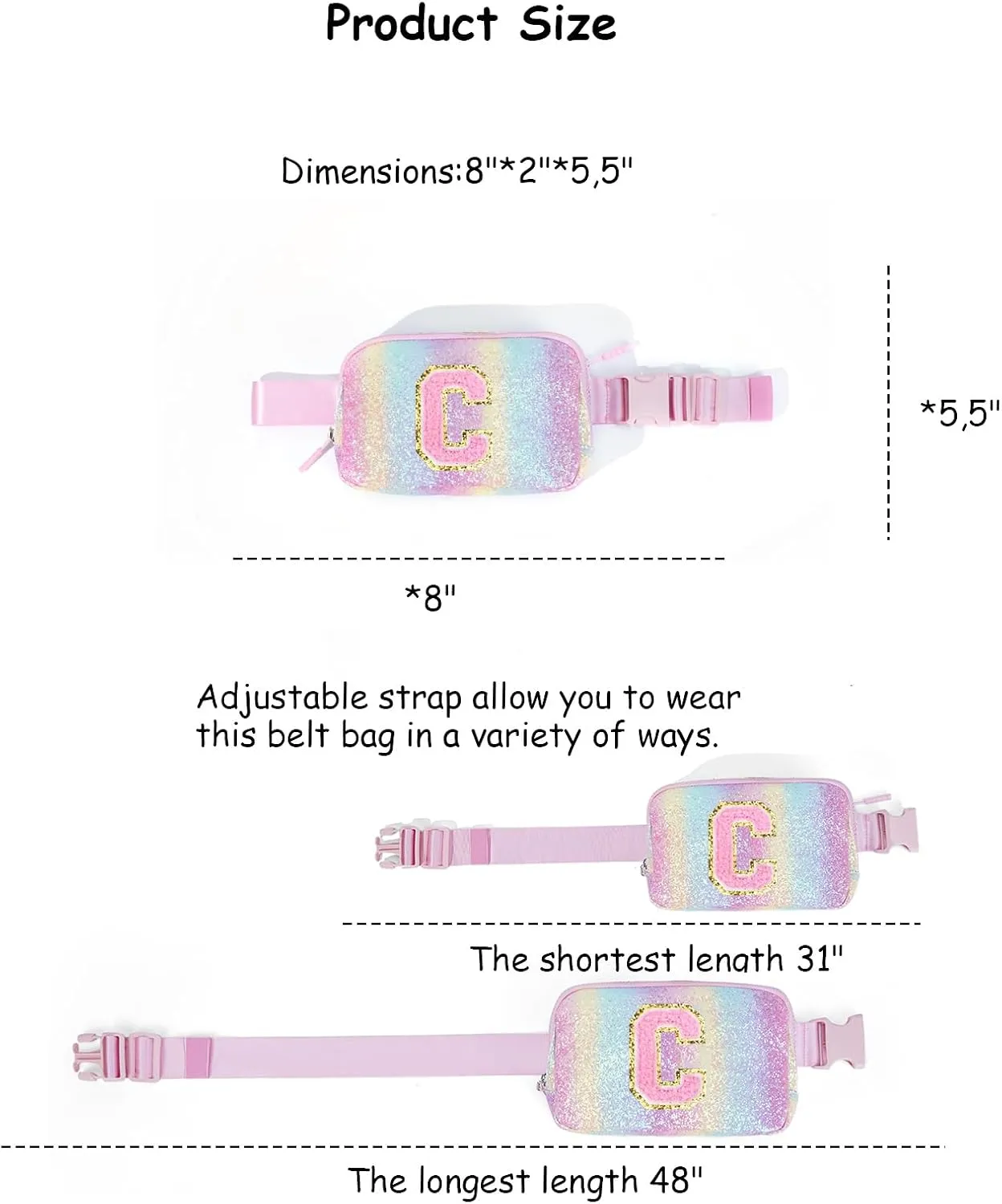Kids Fanny Pack Glitter Waist Pack Initial Crossbody Bag Belt Bag for Girls Gifts Sparkly Cute Purse Rainbow C