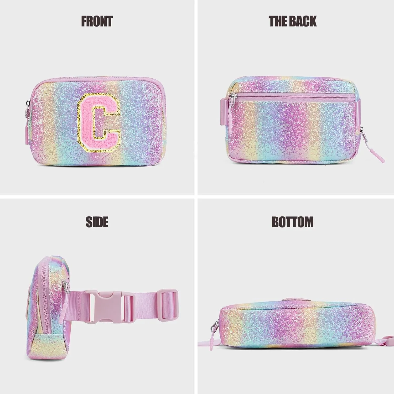 Kids Fanny Pack Glitter Waist Pack Initial Crossbody Bag Belt Bag for Girls Gifts Sparkly Cute Purse Rainbow C