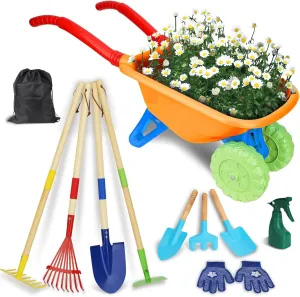 Kids Gardening Tools Set, Gardening Set for Kids, Outdoor Backyard Farm Digging Toys with Wheelbarrow Shovel, Rake, Trowel, Fork, Birthday Gifts for Boys Girls Age 3 