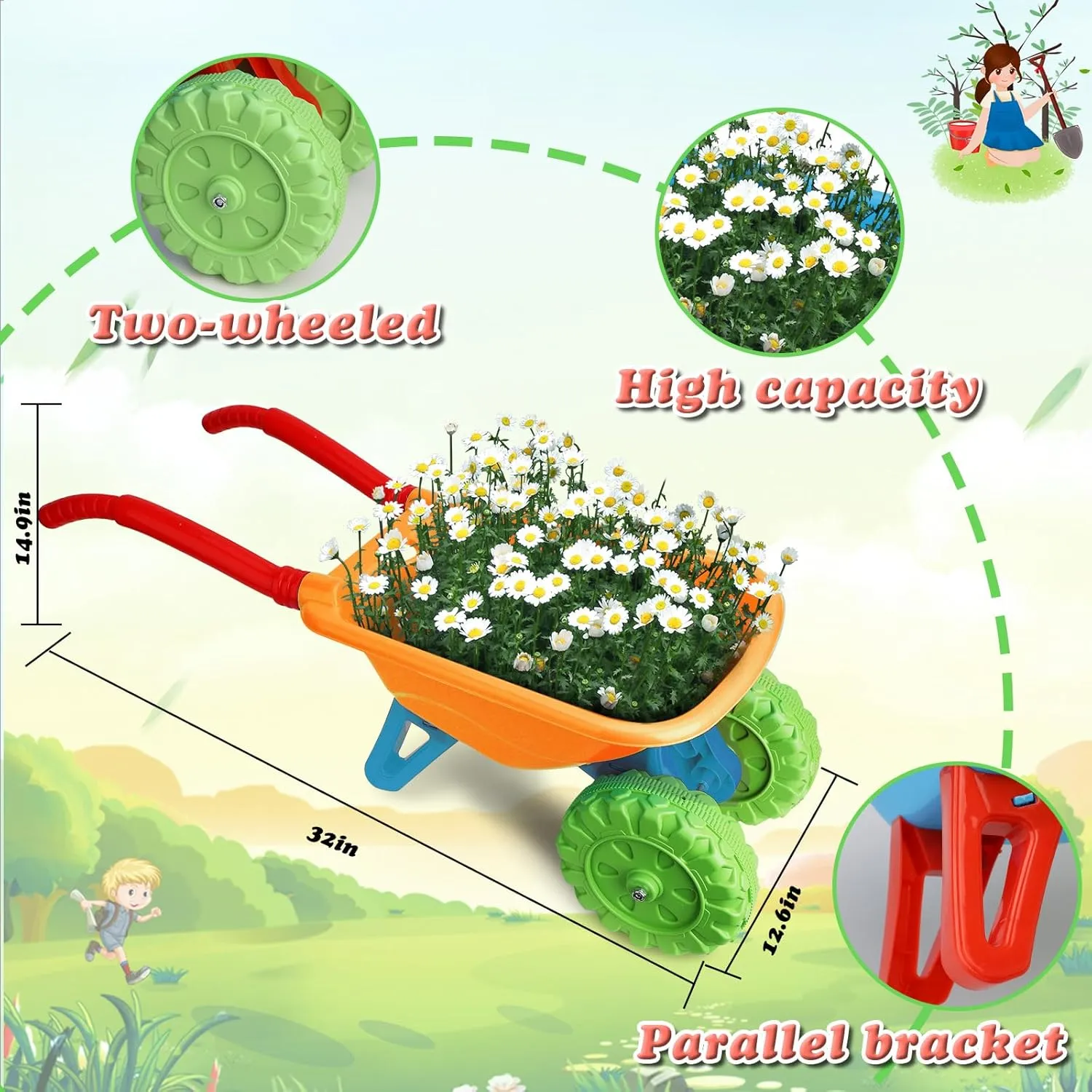 Kids Gardening Tools Set, Gardening Set for Kids, Outdoor Backyard Farm Digging Toys with Wheelbarrow Shovel, Rake, Trowel, Fork, Birthday Gifts for Boys Girls Age 3 