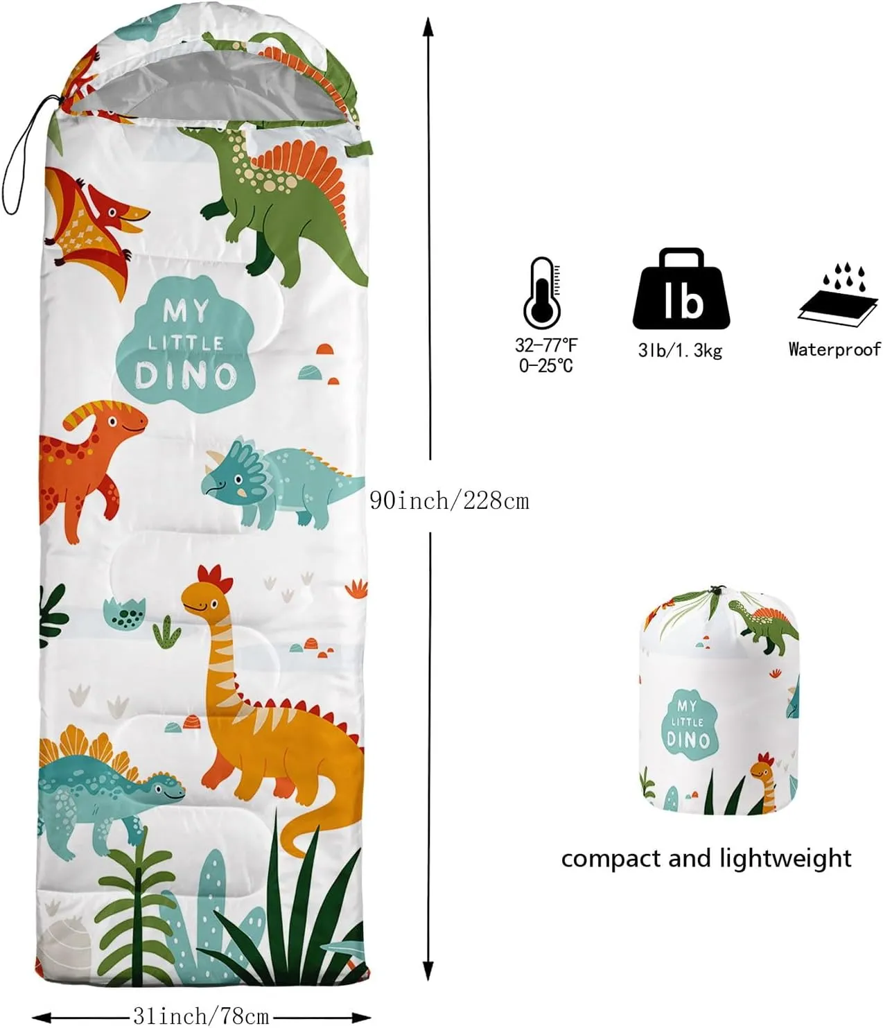 Kids Sleeping Bag for Boys Girls,Cartoon Dinosaur Print-Lightweight Warm Portable Outdoor Indoor-Waterproof Cold Weather Resistant Sleeping Bag for Camping Hiking