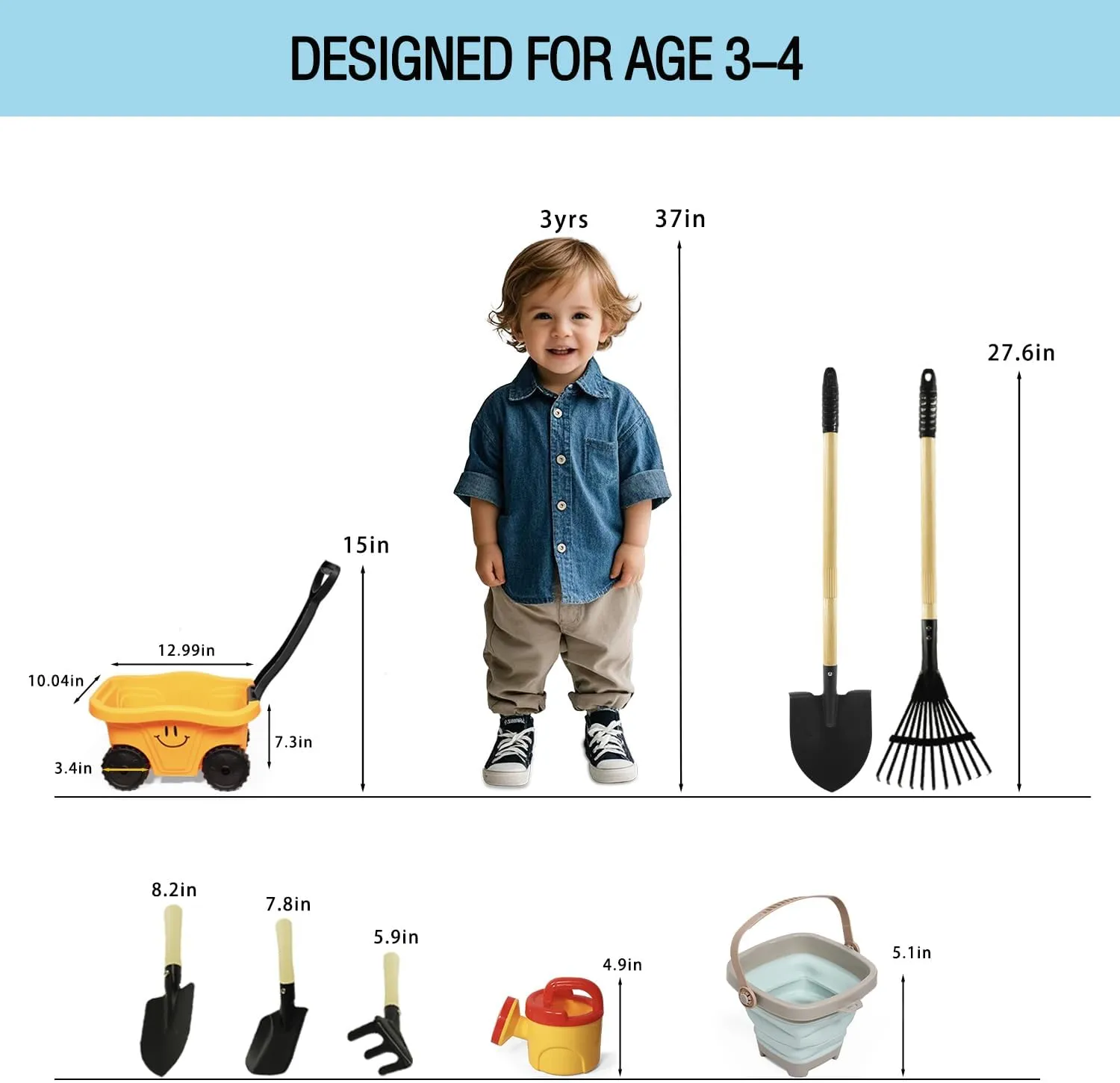 Kids Wagon with Beach and Garden Tools Set, Kids Shovel for Digging, Rake, 8PCS Gardening Outdoor Toys for Ages 3-4