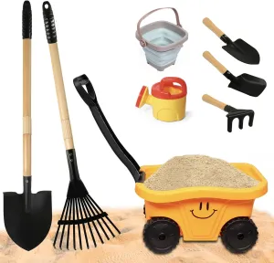 Kids Wagon with Beach and Garden Tools Set, Kids Shovel for Digging, Rake, 8PCS Gardening Outdoor Toys for Ages 3-4