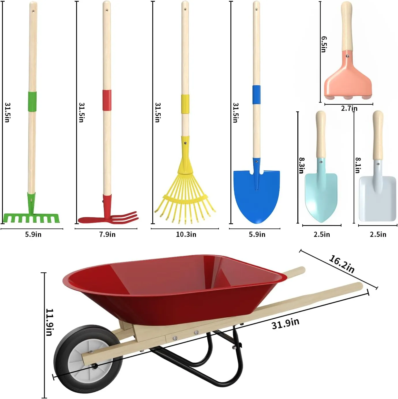 Kids Wheelbarrow Set with Gardening Tools Outdoor Backyard Garden Play for Toddlers Boys Girls 3-8, with Shovel, Rake, Leaf Rake, Easter Birthday Gifts