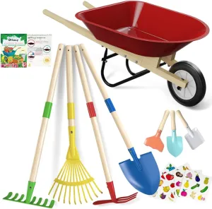 Kids Wheelbarrow Set with Gardening Tools Outdoor Backyard Garden Play for Toddlers Boys Girls 3-8, with Shovel, Rake, Leaf Rake, Easter Birthday Gifts